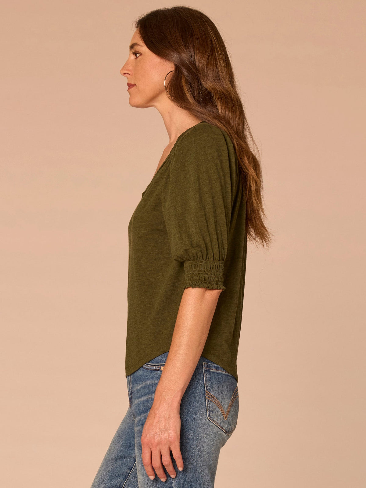 Elbow Blouson Sleeve Scallop V-Neck Smocked Knit Top - Heather Dusty Papaya|Heather Lily Pad|Heather Cherry Chocolate