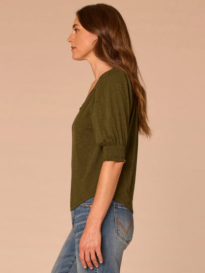 Elbow Blouson Sleeve Scallop V-Neck Smocked Knit Top - Heather Dusty Papaya|Heather Lily Pad|Heather Cherry Chocolate