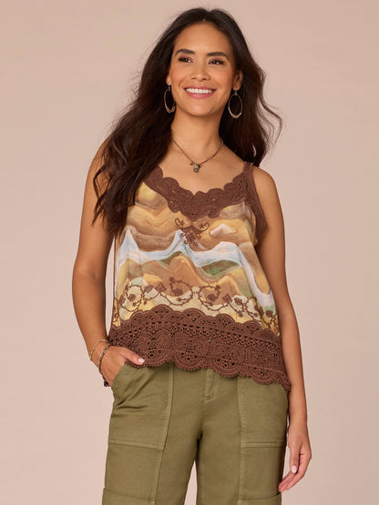 Sleeveless V-Neck Scallop Edge Printed Embroidered Woven Tank Top - Lily Pad Multi|Portobello Multi