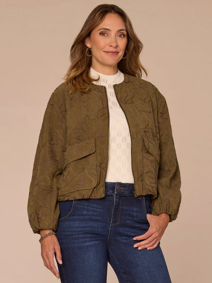 Long Cinched Sleeve Zip Up Cropped Woven Faux Suede Bomber Jacket - Forest Moss
