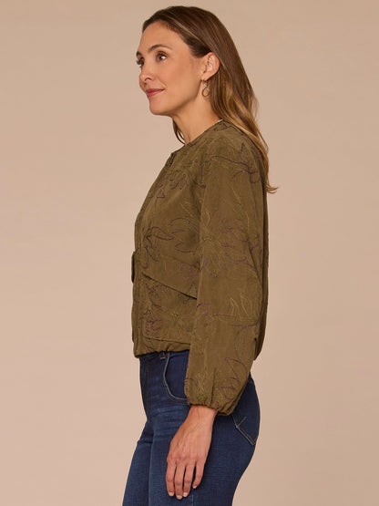 Long Cinched Sleeve Zip Up Cropped Woven Faux Suede Bomber Jacket - Forest Moss