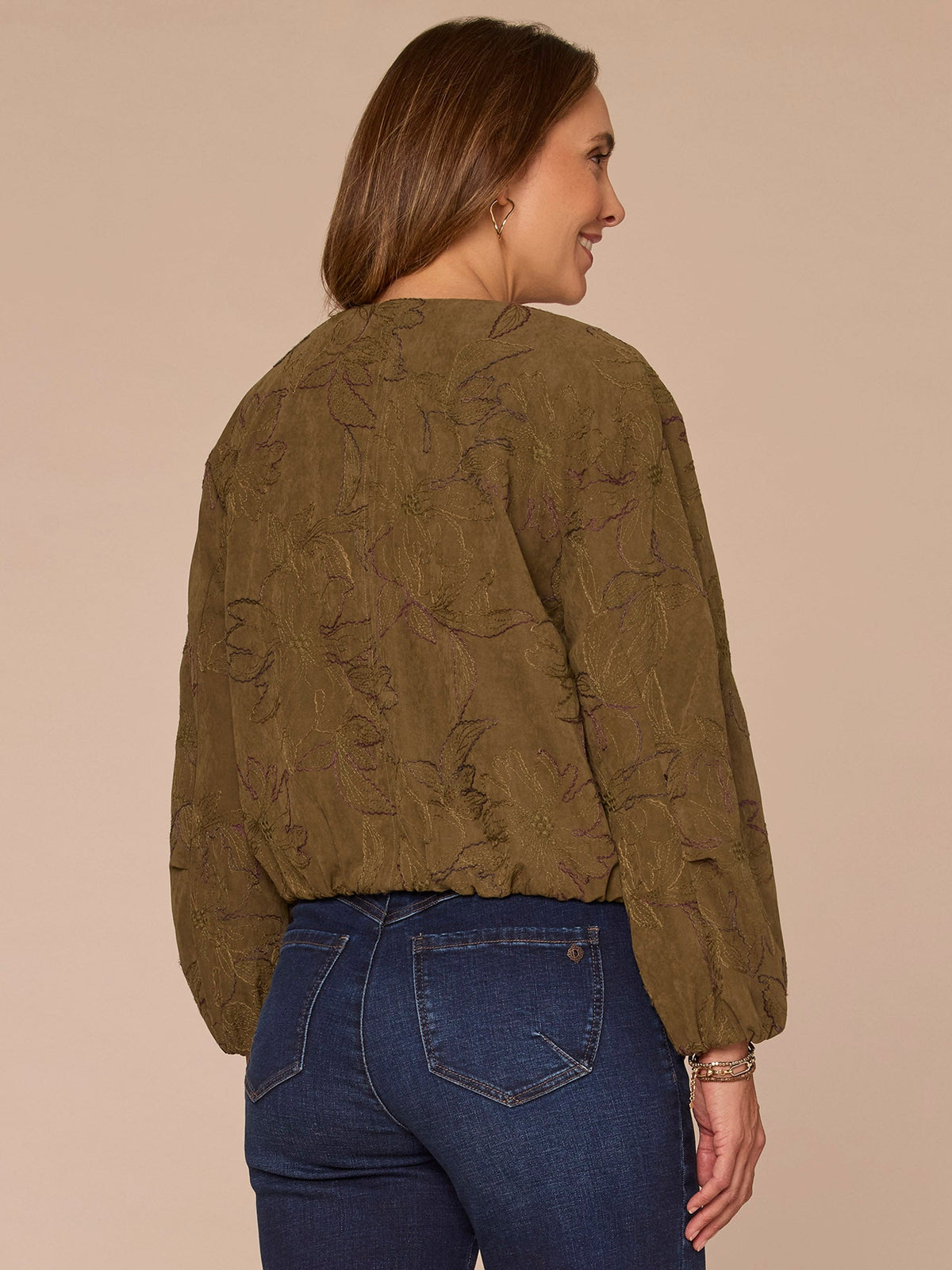 Long Cinched Sleeve Zip Up Cropped Woven Faux Suede Bomber Jacket - Forest Moss