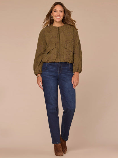 Long Cinched Sleeve Zip Up Cropped Woven Faux Suede Bomber Jacket - Forest Moss