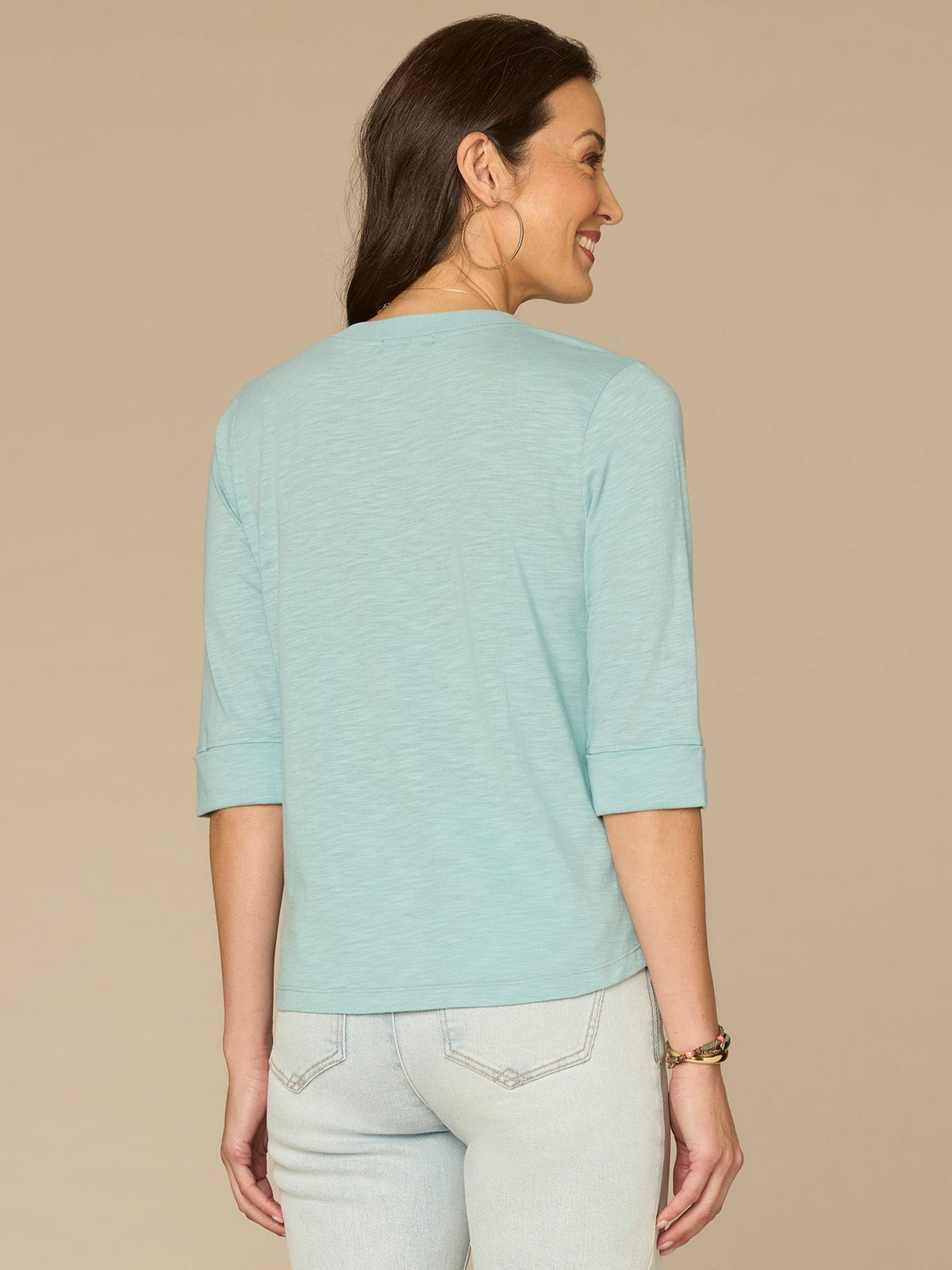 Elbow Roll Cuff Sleeve Round Split Neck Surplus Hem Petite Knit Top - Black|Aqua Haze|Deep Jade|Off White|Papaya|Coral Punch|Dark Raisin|Maple Leaf|Navy|Winter Sky|Island Sky|Nectarine