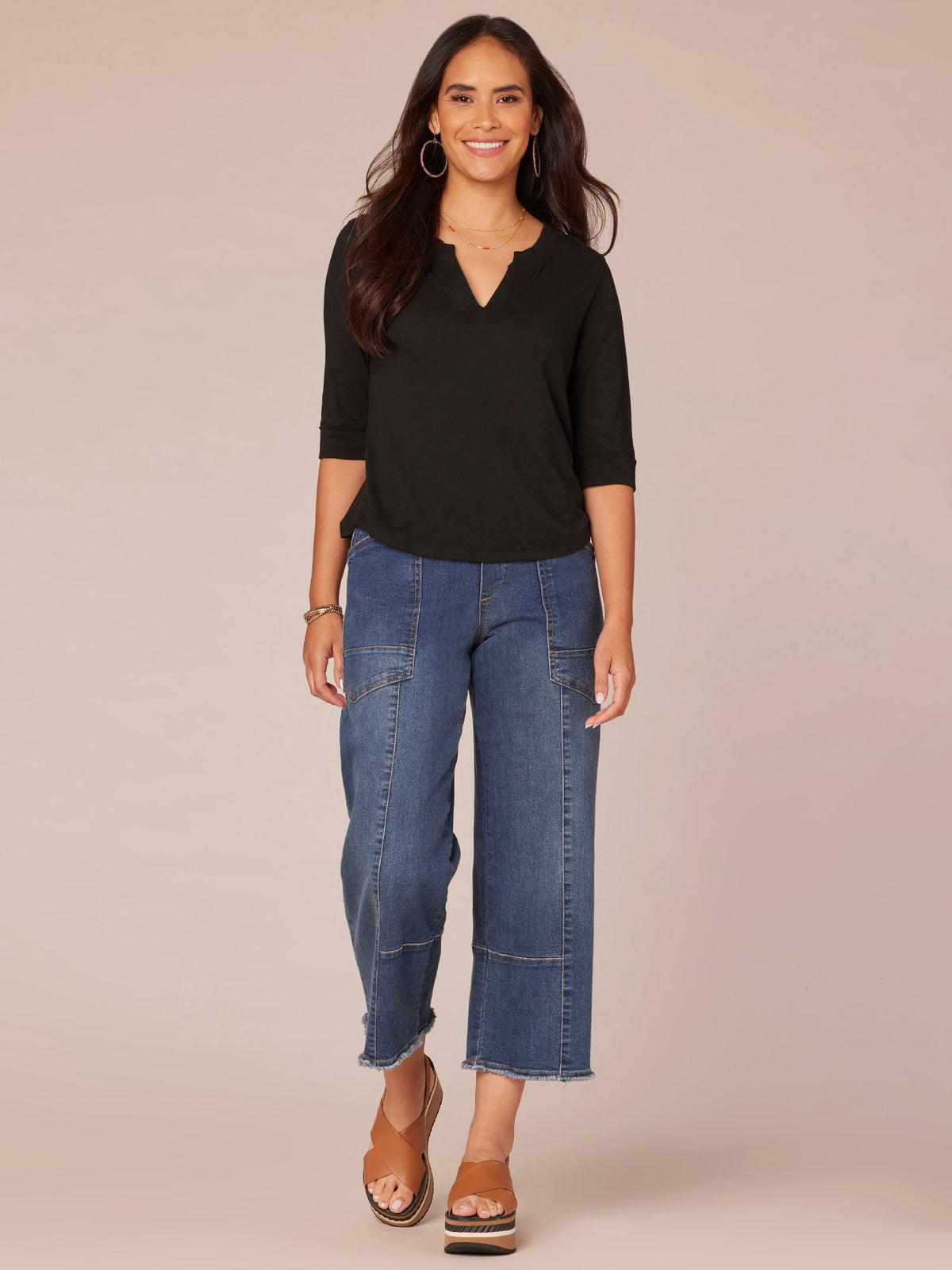 Elbow Roll Cuff Sleeve Round Split Neck Surplus Hem Petite Knit Top - Black|Aqua Haze|Deep Jade|Off White|Papaya|Coral Punch|Dark Raisin|Maple Leaf|Navy|Winter Sky|Island Sky|Nectarine