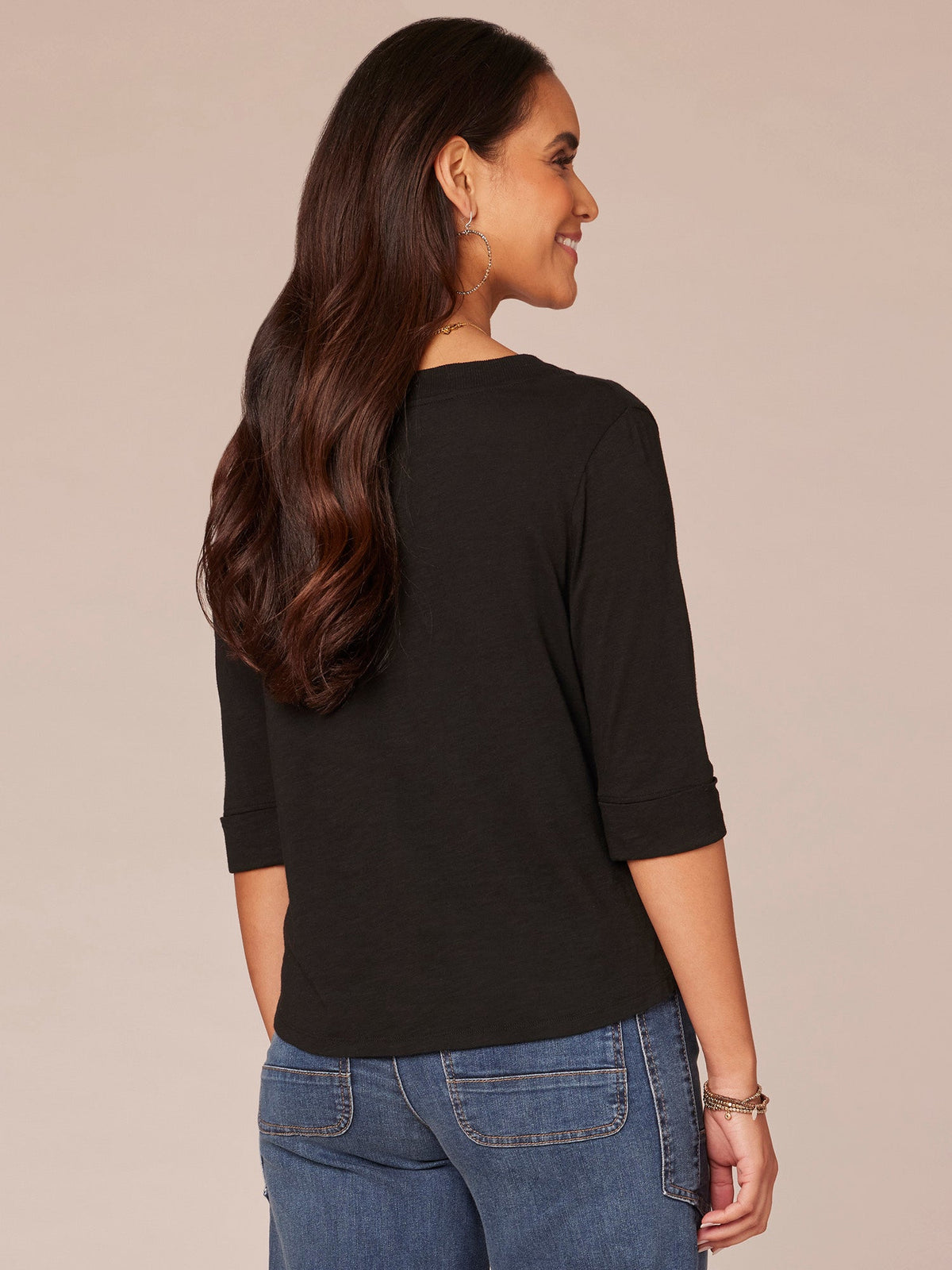 Elbow Roll Cuff Sleeve Round Split Neck Surplus Hem Petite Knit Top - Black|Aqua Haze|Deep Jade|Off White|Papaya|Coral Punch|Dark Raisin|Maple Leaf|Navy|Winter Sky|Island Sky|Nectarine