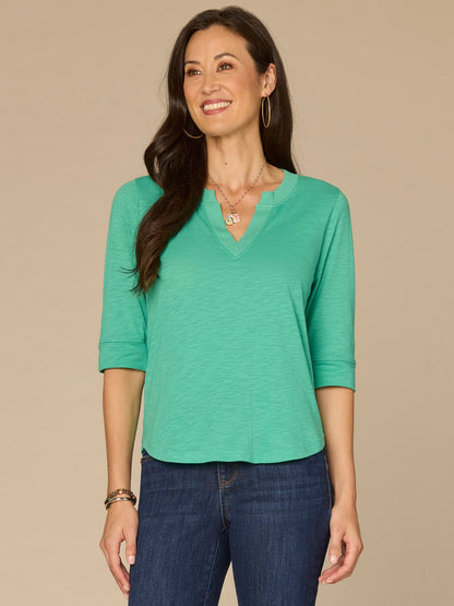 Elbow Roll Cuff Sleeve Round Split Neck Surplus Hem Petite Knit Top - Black|Aqua Haze|Deep Jade|Off White|Papaya|Coral Punch|Dark Raisin|Maple Leaf|Navy|Winter Sky|Island Sky|Nectarine