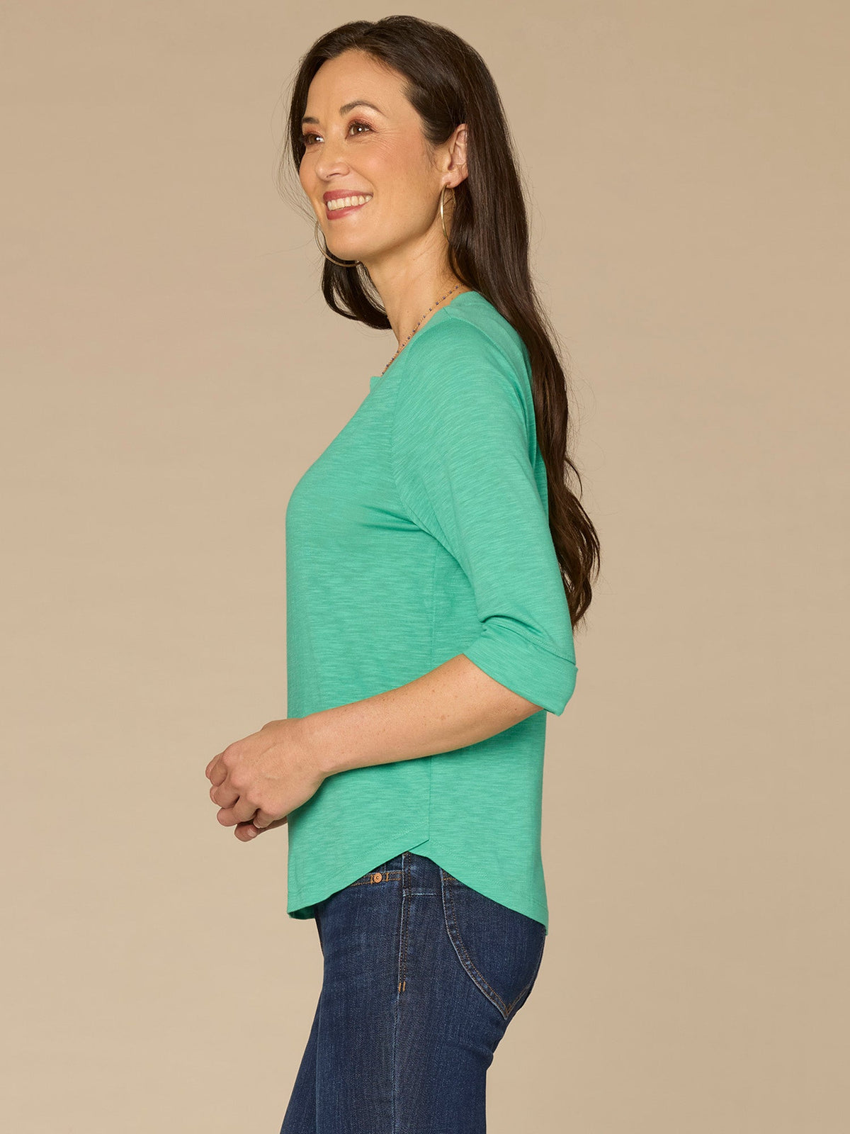 Elbow Roll Cuff Sleeve Round Split Neck Surplus Hem Petite Knit Top - Black|Aqua Haze|Deep Jade|Off White|Papaya|Coral Punch|Dark Raisin|Maple Leaf|Navy|Winter Sky|Island Sky|Nectarine