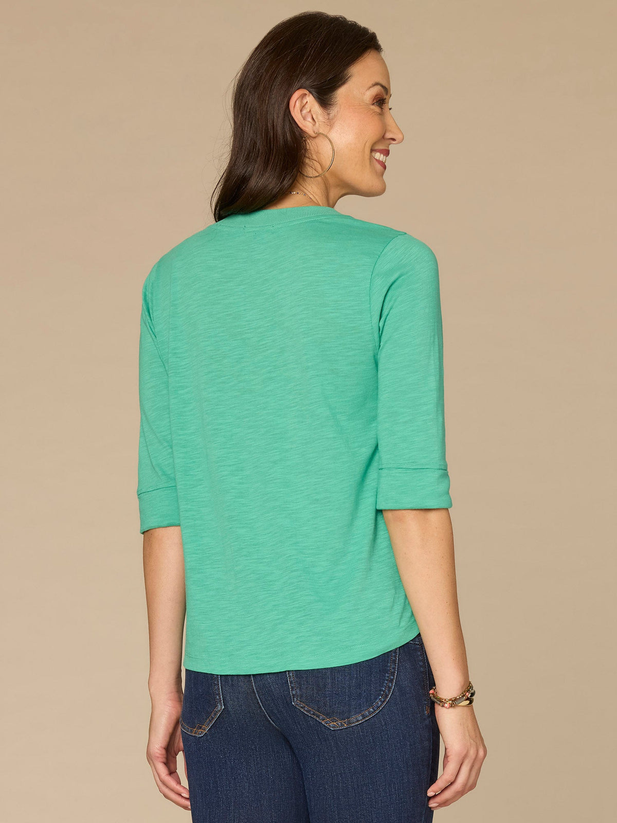 Elbow Roll Cuff Sleeve Round Split Neck Surplus Hem Petite Knit Top - Black|Aqua Haze|Deep Jade|Off White|Papaya|Coral Punch|Dark Raisin|Maple Leaf|Navy|Winter Sky|Island Sky|Nectarine