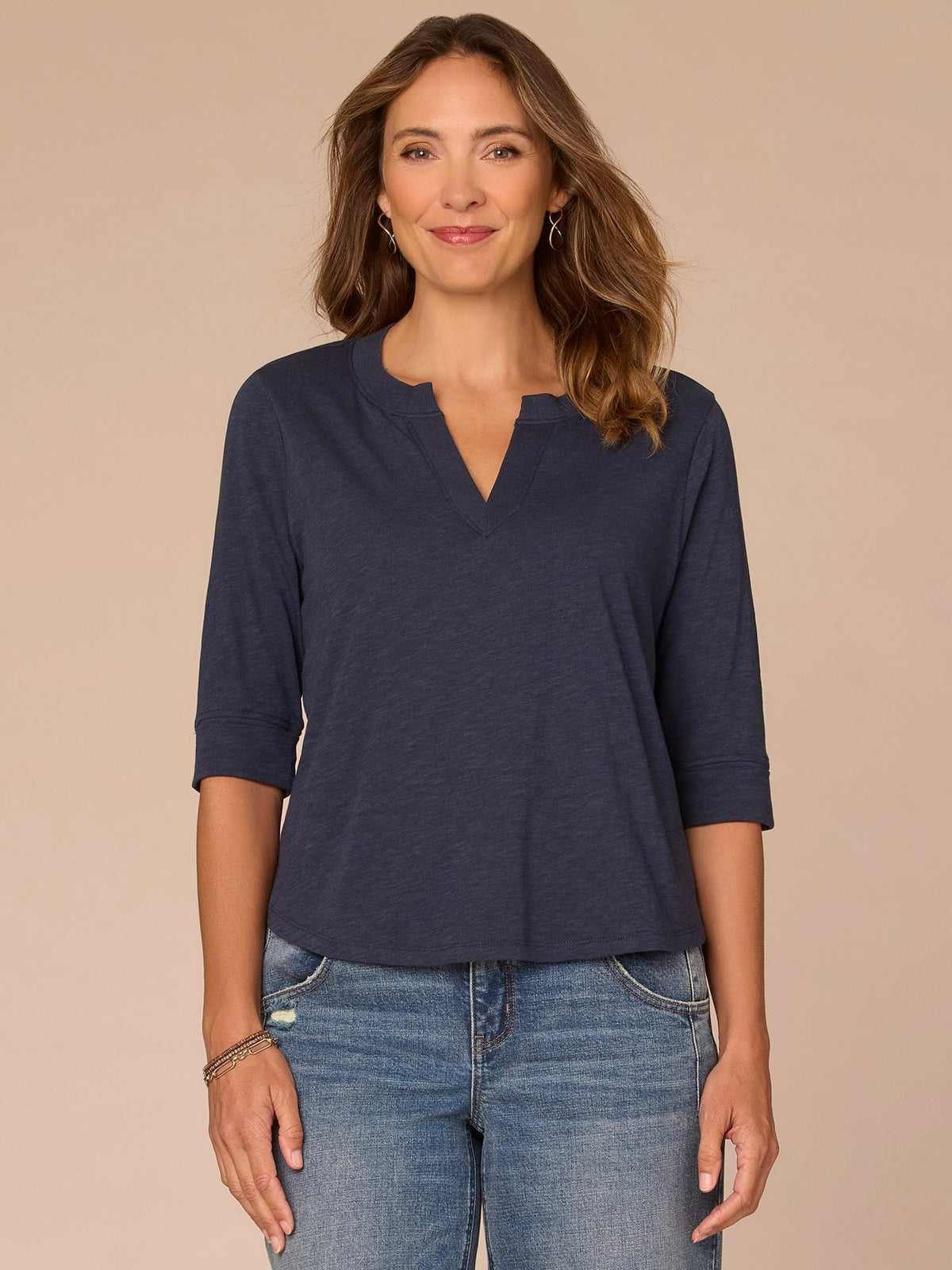 Elbow Roll Cuff Sleeve Round Split Neck Surplus Hem Petite Knit Top - Black|Aqua Haze|Deep Jade|Off White|Papaya|Coral Punch|Dark Raisin|Maple Leaf|Navy|Winter Sky|Island Sky|Nectarine