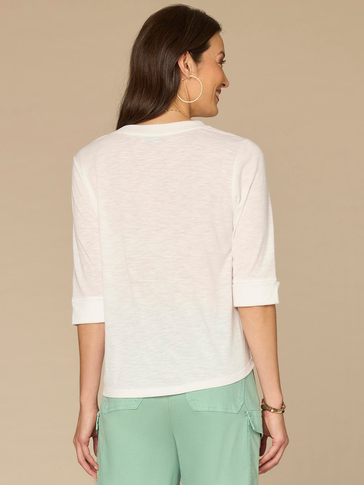 Elbow Roll Cuff Sleeve Round Split Neck Surplus Hem Petite Knit Top - Black|Aqua Haze|Deep Jade|Off White|Papaya|Coral Punch|Dark Raisin|Maple Leaf|Navy|Winter Sky|Island Sky|Nectarine