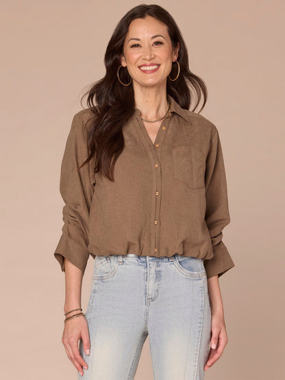 Three Quarter Sleeve Collared V-Neck Button Down Petite Woven Shirt - Orion Blue|Vanilla|Dark Moonrock