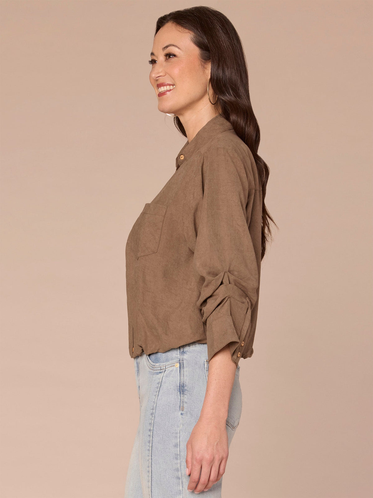 Three Quarter Sleeve Collared V-Neck Button Down Petite Woven Shirt - Orion Blue|Vanilla|Dark Moonrock
