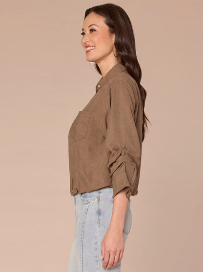 Three Quarter Sleeve Collared V-Neck Button Down Petite Woven Shirt - Orion Blue|Vanilla|Dark Moonrock