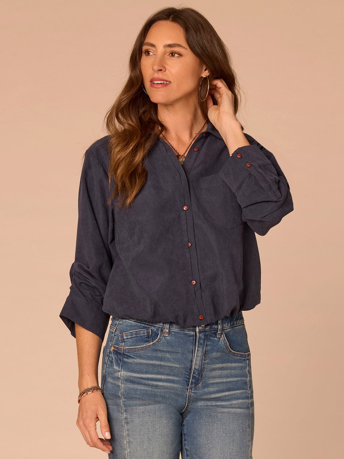 Three Quarter Sleeve Collared V-Neck Button Down Petite Woven Shirt - Orion Blue|Vanilla|Dark Moonrock