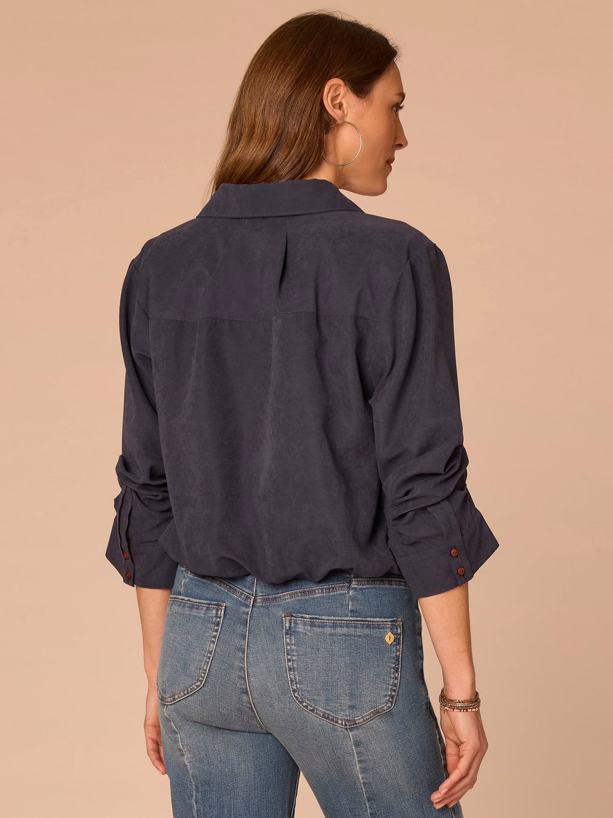 Three Quarter Sleeve Collared V-Neck Button Down Petite Woven Shirt - Orion Blue|Vanilla|Dark Moonrock