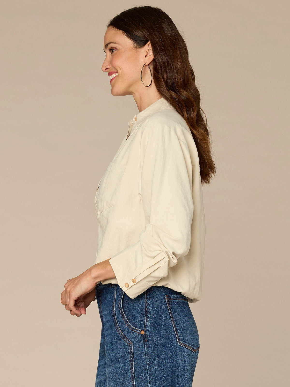 Three Quarter Sleeve Collared V-Neck Button Down Petite Woven Shirt - Orion Blue|Vanilla|Dark Moonrock