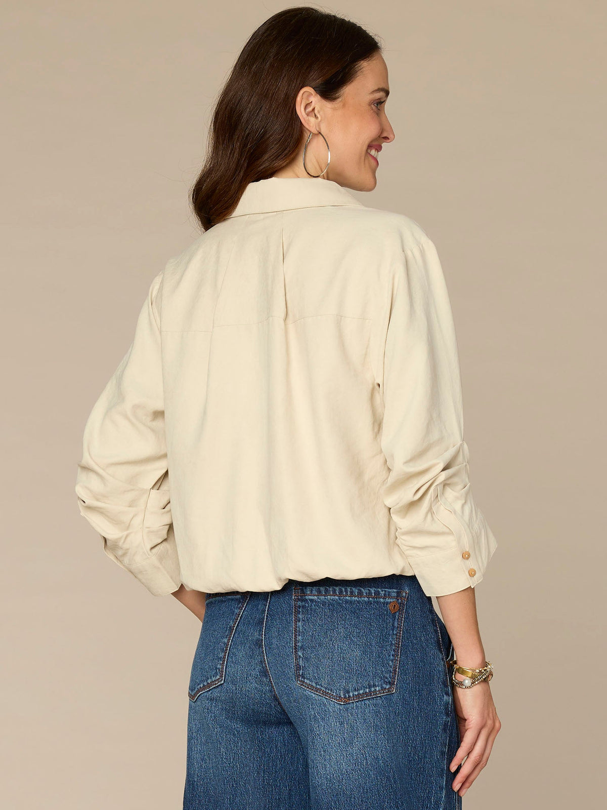 Three Quarter Sleeve Collared V-Neck Button Down Petite Woven Shirt - Orion Blue|Vanilla|Dark Moonrock