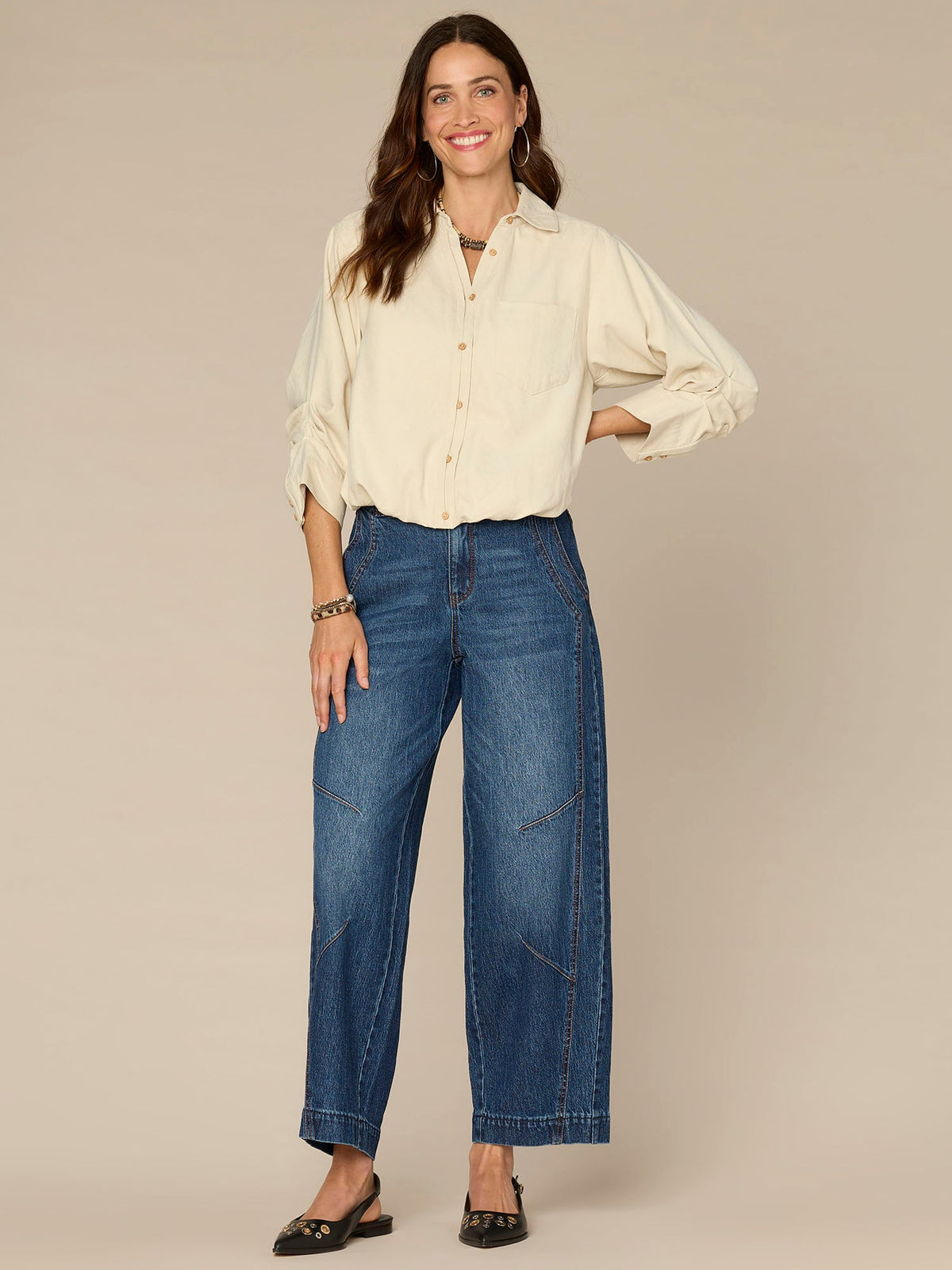 Three Quarter Sleeve Collared V-Neck Button Down Petite Woven Shirt - Orion Blue|Vanilla|Dark Moonrock