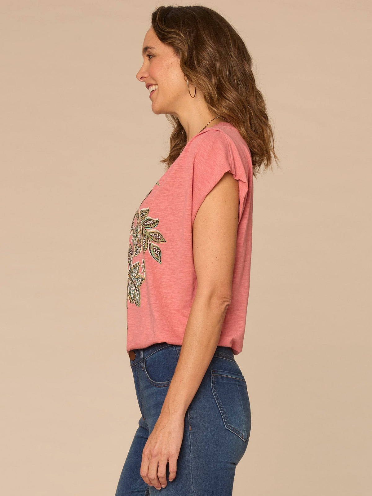 Origami Cap Sleeve Scoop Neck Cased Hem Printed Petite Knit Top - Cherry Chocolate Print Multi|Dusty Papaya Print Multi|Shadow Multi