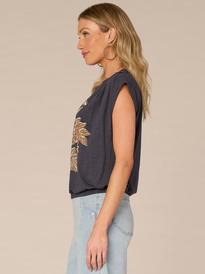 Origami Cap Sleeve Scoop Neck Cased Hem Printed Petite Knit Top - Cherry Chocolate Print Multi|Dusty Papaya Print Multi|Shadow Multi