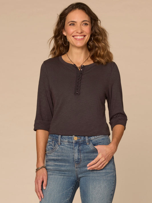 Elbow Roll Cuff Sleeve Scoop Neck Half Crochet Placket Petite Knit Top - Dark Licorice|Horizon Blue