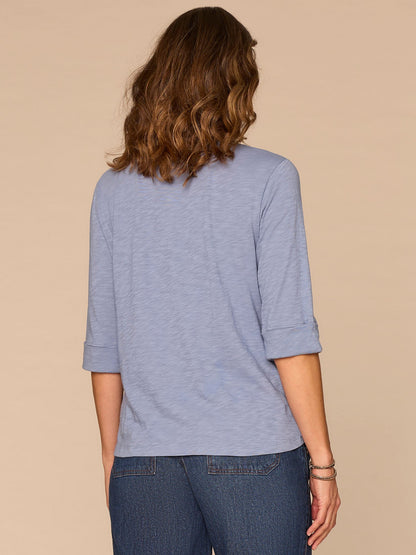 Elbow Roll Cuff Sleeve Scoop Neck Half Crochet Placket Petite Knit Top - Dark Licorice|Horizon Blue