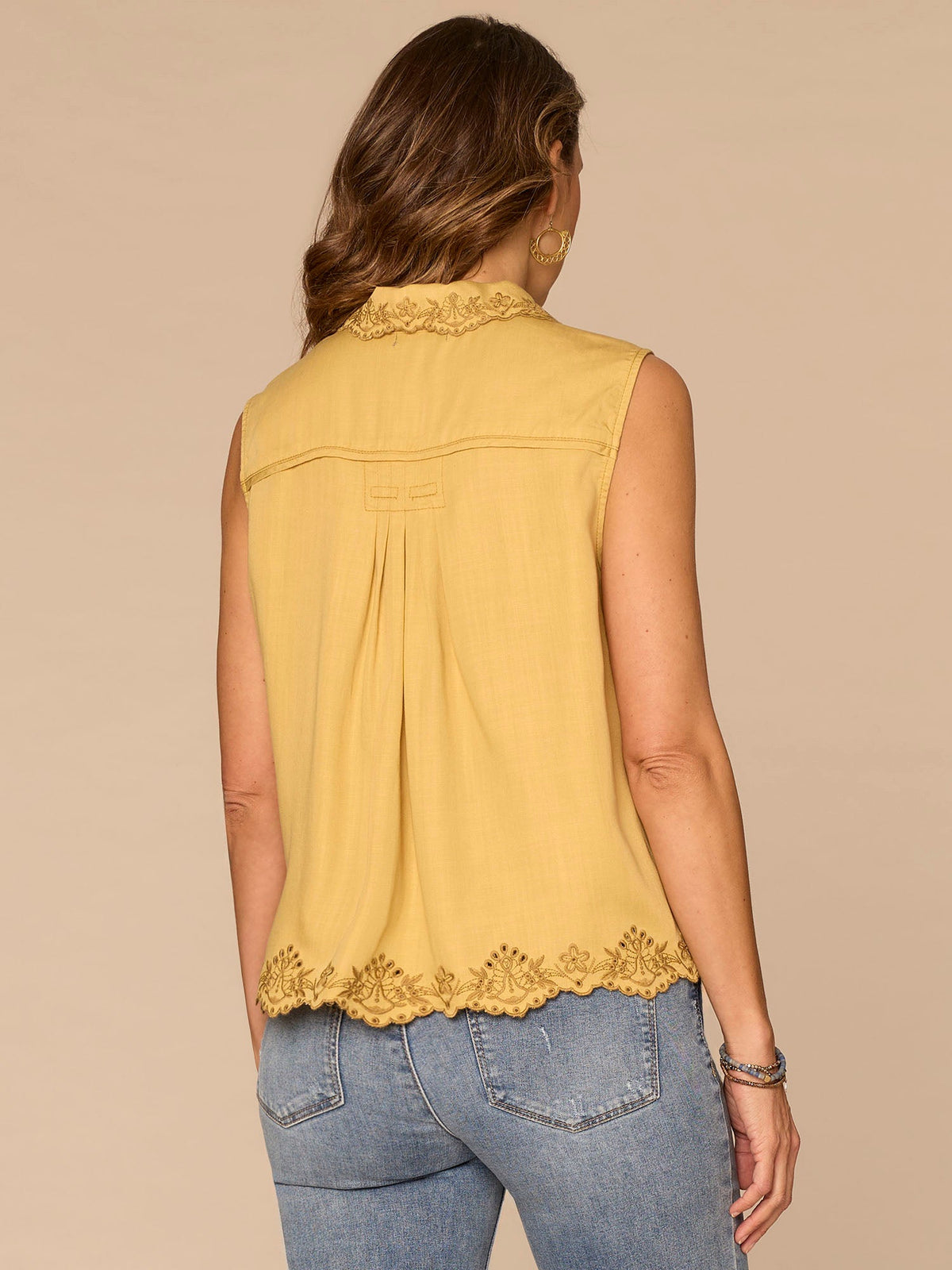 Sleeveless Collared Scallop Embroidered Half Placket Petite Woven Top - Tuscan Sun