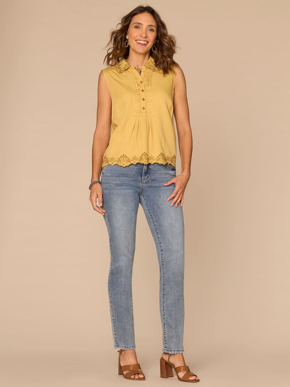 Sleeveless Collared Scallop Embroidered Half Placket Petite Woven Top - Tuscan Sun