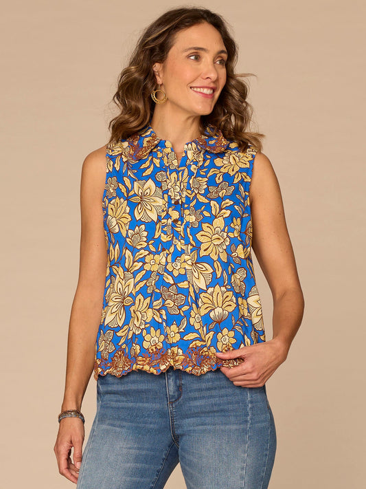 Sleeveless Collar Neck Half Placket Printed Petite Woven Top - Cobalt Blue Floral Multi