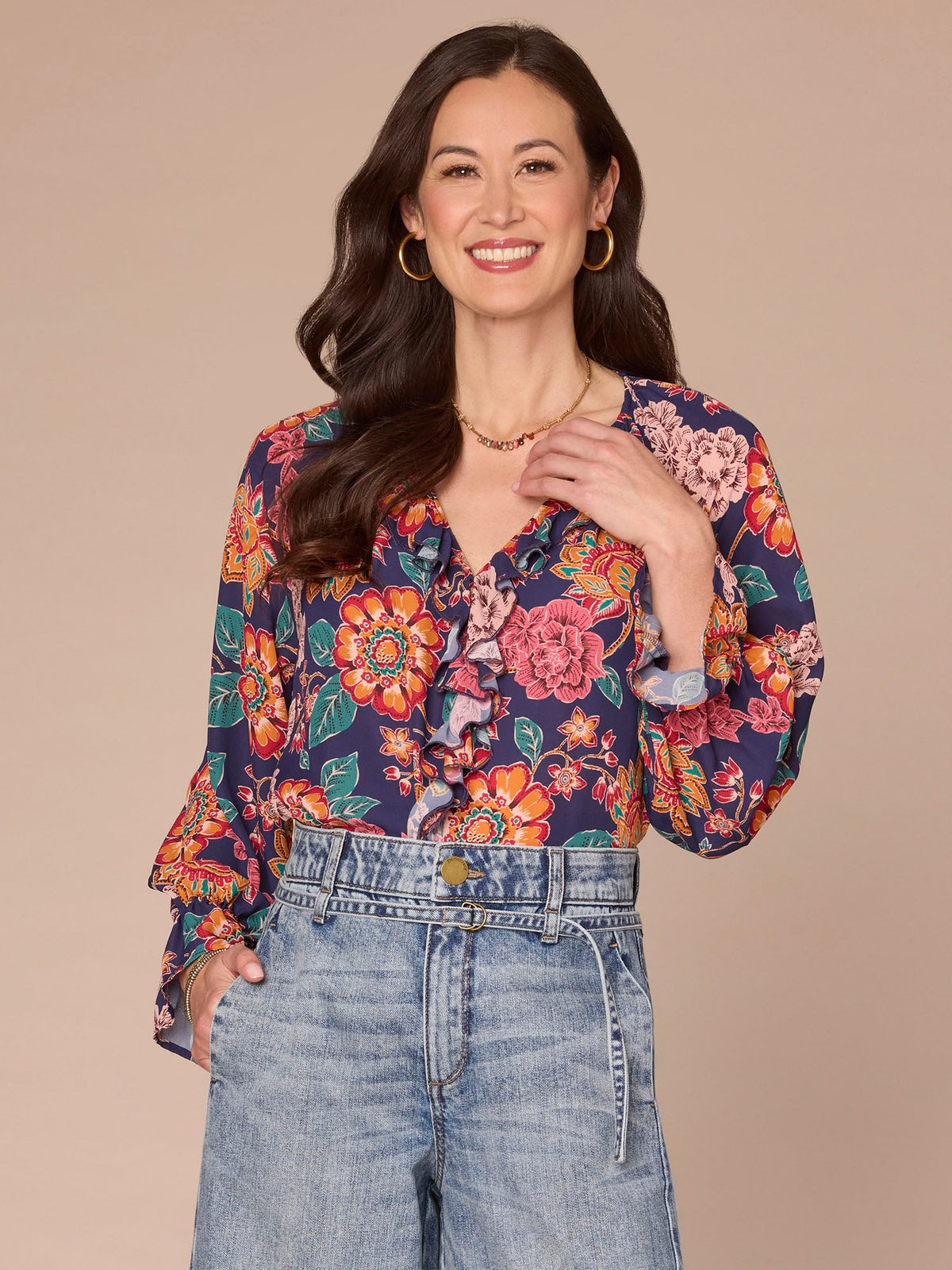 Long Flounce Sleeve V-Neck Ruffle Placket Printed Petite Woven Top - Navy Multi Floral Print