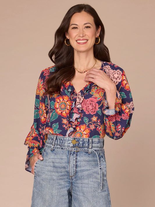 Long Flounce Sleeve V-Neck Ruffle Placket Printed Petite Woven Top - Navy Multi Floral Print
