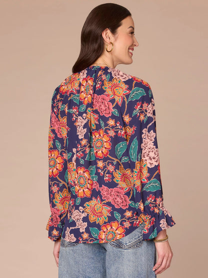 Long Flounce Sleeve V-Neck Ruffle Placket Printed Petite Woven Top - Navy Multi Floral Print