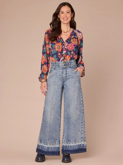 Long Flounce Sleeve V-Neck Ruffle Placket Printed Petite Woven Top - Navy Multi Floral Print