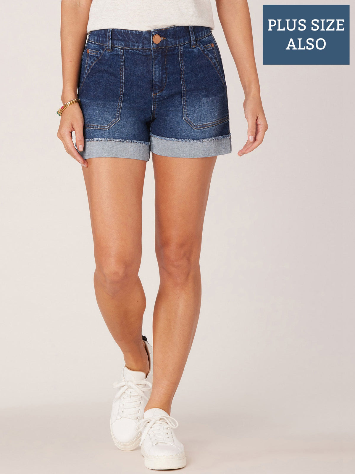 "Ab"solution Mid-Rise Roll Cuff Plus Size Shorts - Indigo Denim