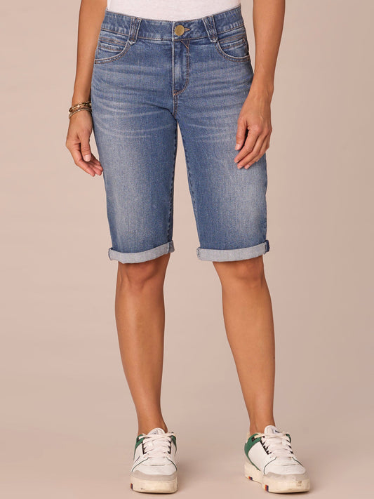 "Ab"solution Mid-Rise Petite Bermuda Shorts with Angled Dart Seams - Mid Blue Artisanal Denim
