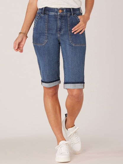 "Ab"solution Petite Cuffed Hem Repreve Bermuda Short with Coin Pockets - Indigo Denim