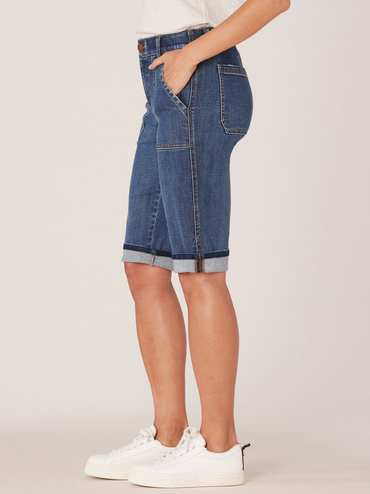 "Ab"solution Petite Cuffed Hem Repreve Bermuda Short with Coin Pockets - Indigo Denim