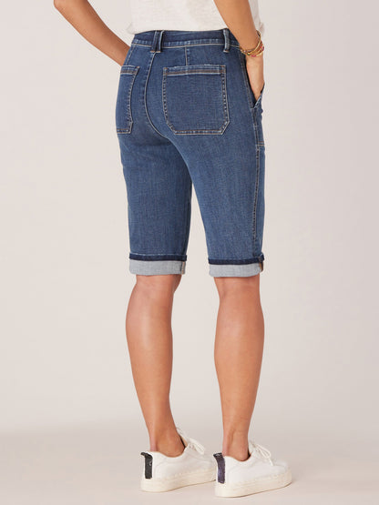 "Ab"solution Petite Cuffed Hem Repreve Bermuda Short with Coin Pockets - Indigo Denim