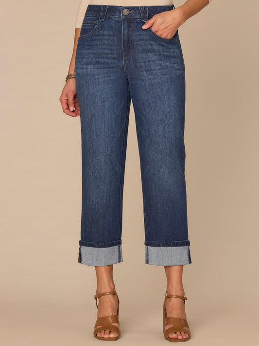 "Ab"solution® High Rise Round Up Yoke Boyfriend Jean with Cropped Cuff - Blue Denim