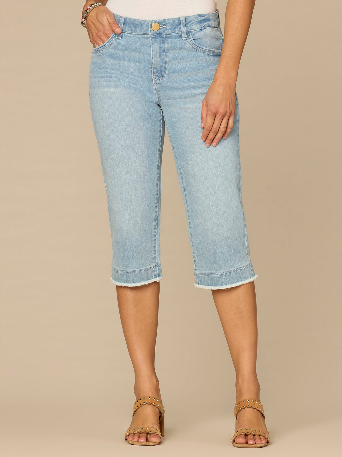 “Ab”solution® Mid-Rise Powder Blue Artisanal Fray Hem Skimmer Jeans - Powder Blue Artisanal Denim