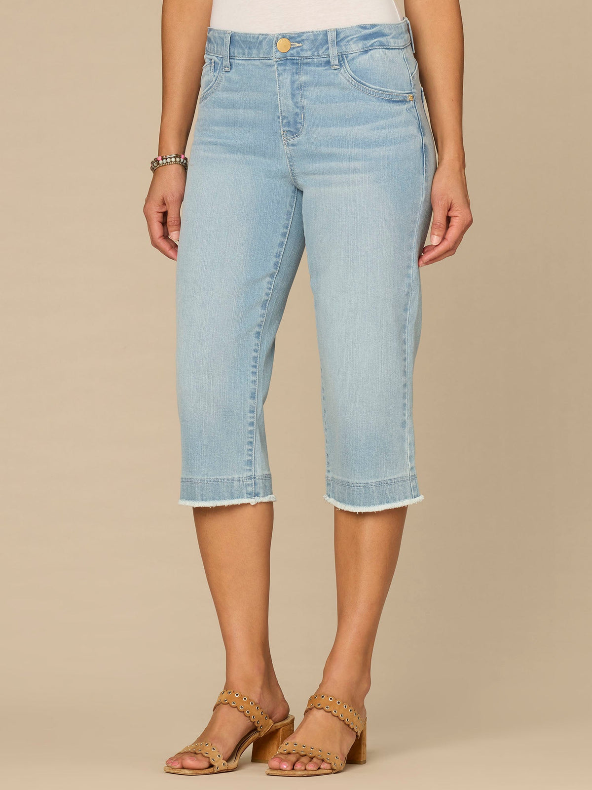 “Ab”solution® Mid-Rise Powder Blue Artisanal Fray Hem Skimmer Jeans - Powder Blue Artisanal Denim