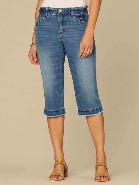 “Ab”solution® Mid-Rise Mid Blue Artisanal Fray Hem Skimmer Jeans - Mid Blue Artisanal Denim