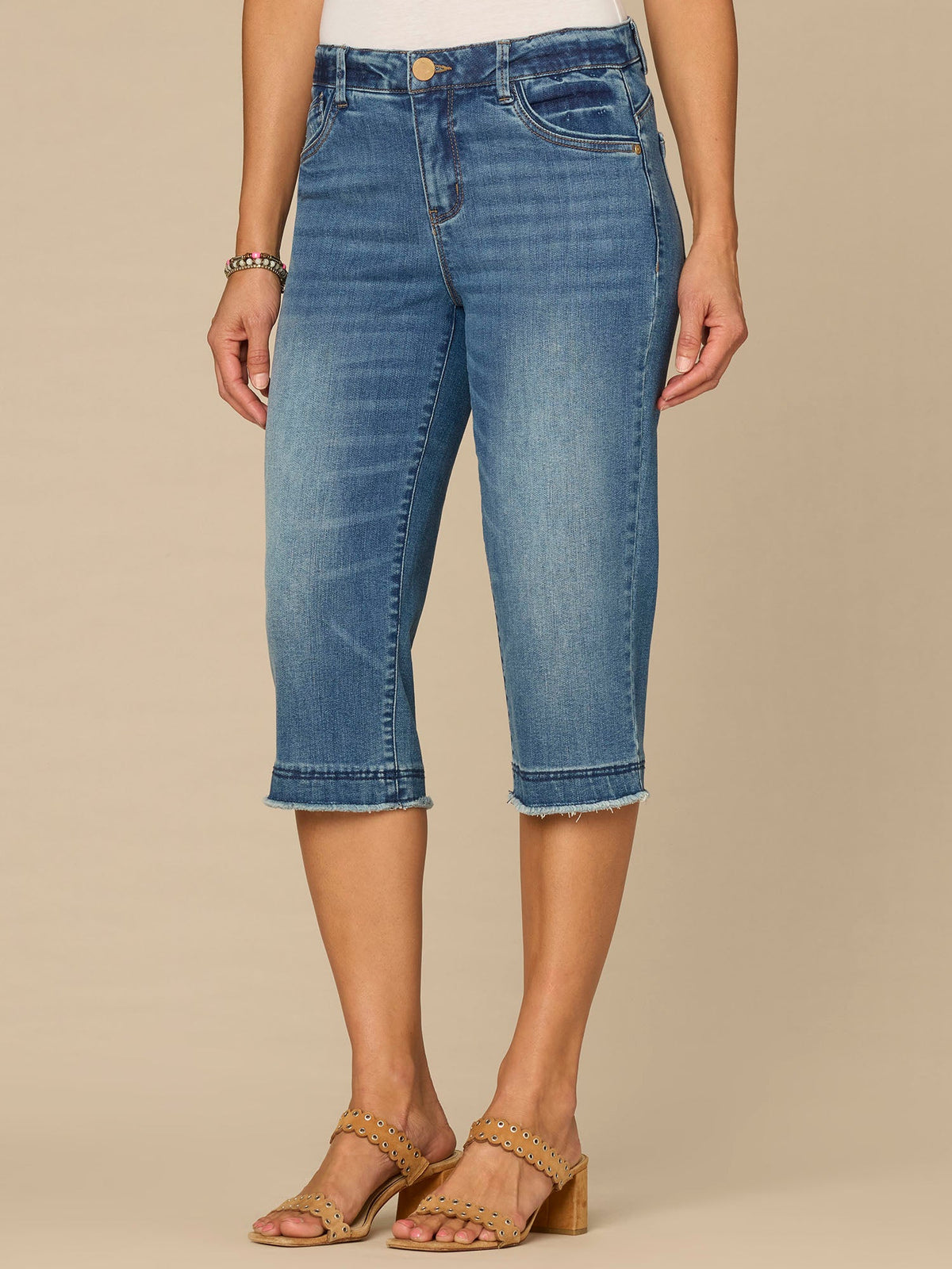 “Ab”solution® Mid-Rise Mid Blue Artisanal Fray Hem Skimmer Jeans - Mid Blue Artisanal Denim
