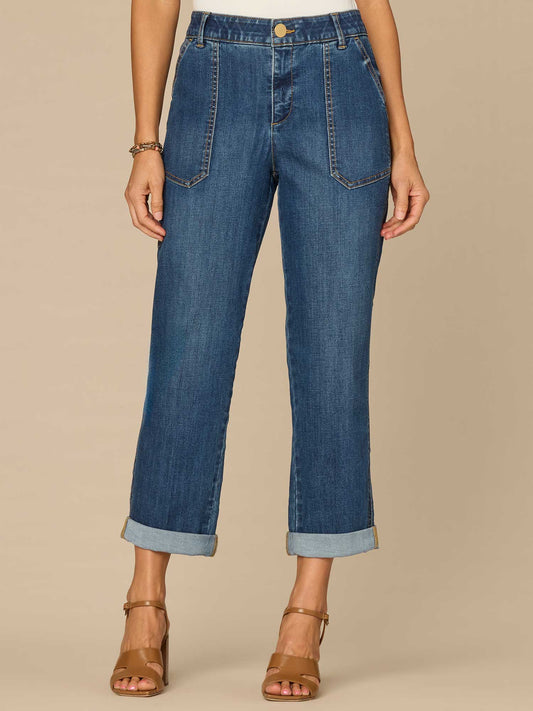 "Ab"solution® High Rise Patch Pocket Roll Cuff Petite Utility Jeans - Blue Denim