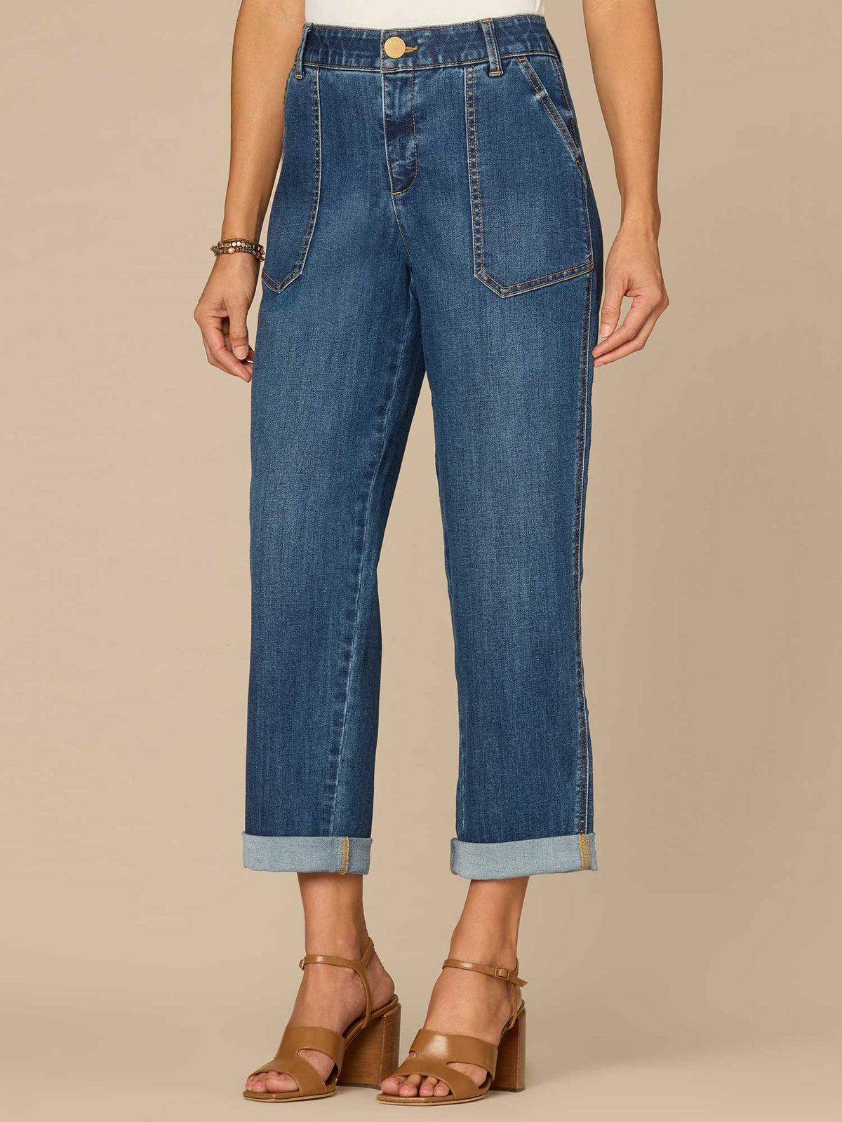 "Ab"solution® High Rise Patch Pocket Roll Cuff Utility Jeans - Blue Denim
