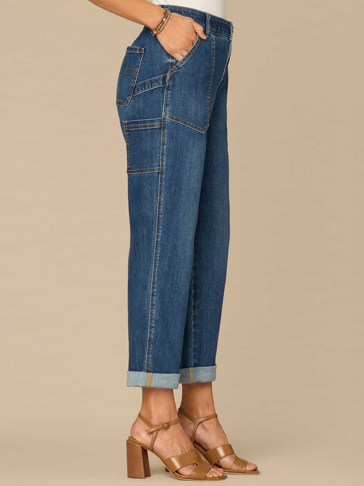 "Ab"solution® High Rise Patch Pocket Roll Cuff Utility Jeans - Blue Denim