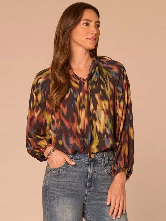 Long Sleeve Stand Collar Split Neck Self Tie Printed Woven Top - Black Multi Print