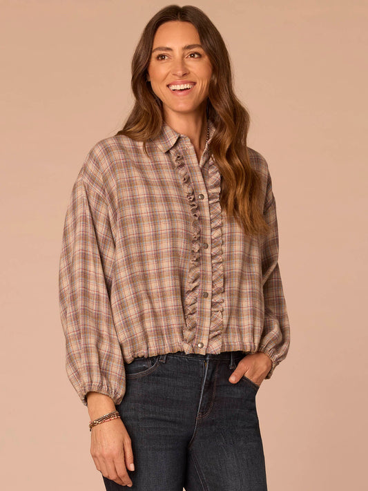 Long Blouson Sleeve Ruffle Placket Bubble Hem Plaid Woven Shacket - Stone Blue Mint Multi|Stone Orange Marmalade Multi