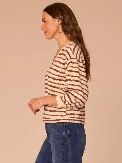 Three Quarter Blouson Sleeve V-Neck Tie Hem Petite Knit Top - Birch Burnt Henna|Natural Ocean Teal